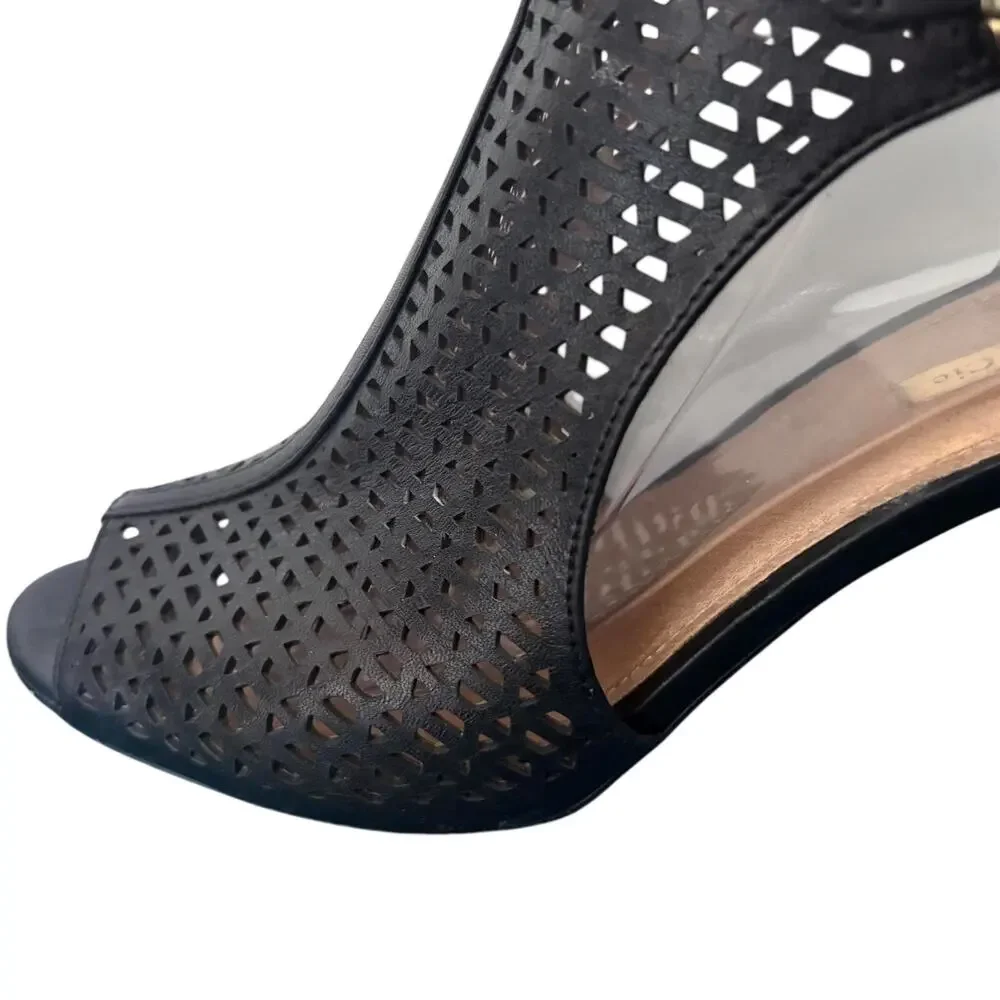 Louise et Cie Olivia Black Leather Perforated Peep Toe Buckle Heels Sandals